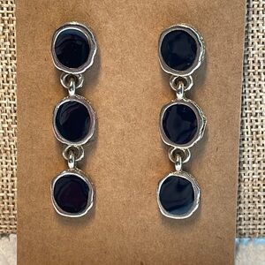 💐5/25 silver triple dangle black center enamel long statement earrings